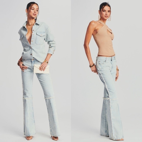 RETROFETE 70s Mid Rise Light Wash Denim Distressed Seam Bellbottom Flare Jean 24 - Picture 4 of 7